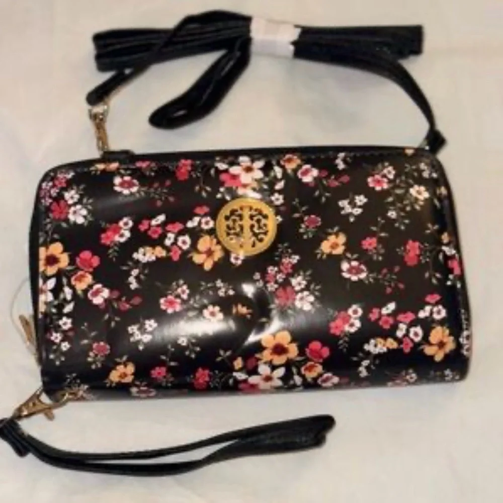 Elegant Black Floral Wristlet Crossbody Bag